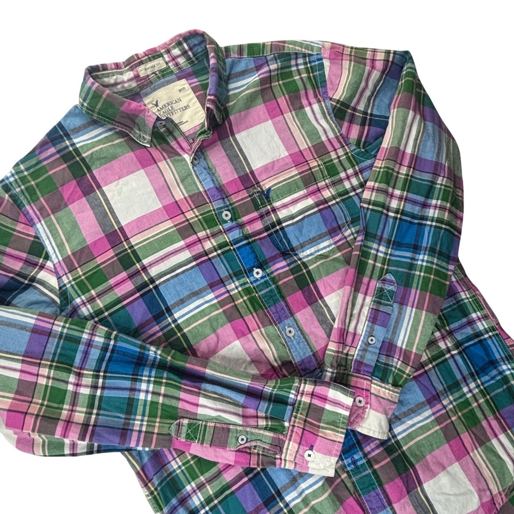 American Eagle Shirt Mens Medium Pink Green Plaid Cotton Long Sleeve Vintage Fit